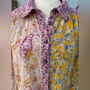 Davi and Dani Boho Mixed Pattern Flowy Colorful Paisley Button-Up Blouse